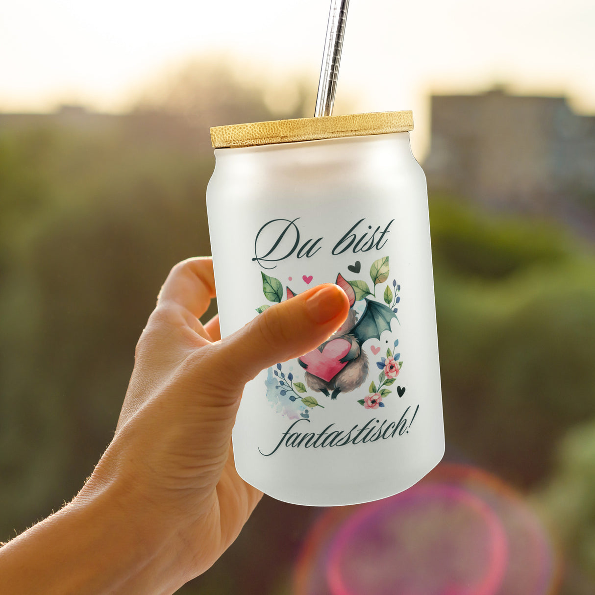 niedliche Fledermaus mit Herz Trinkglas mit Bambusdeckel mit Spruch Du bist fantastisch