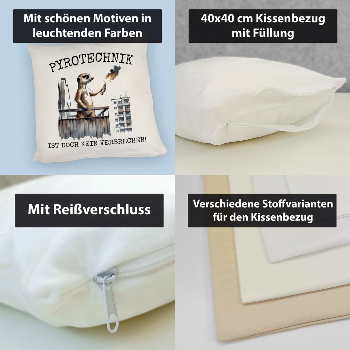 Balkon-Ultra Erdmännchen mit Pyrofackel Kissen mit Spruch Pyrotechnik ist doch kein Verbrechen