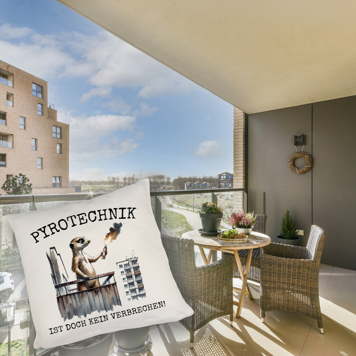 Balkon-Ultra Erdmännchen mit Pyrofackel Kissen mit Spruch Pyrotechnik ist doch kein Verbrechen