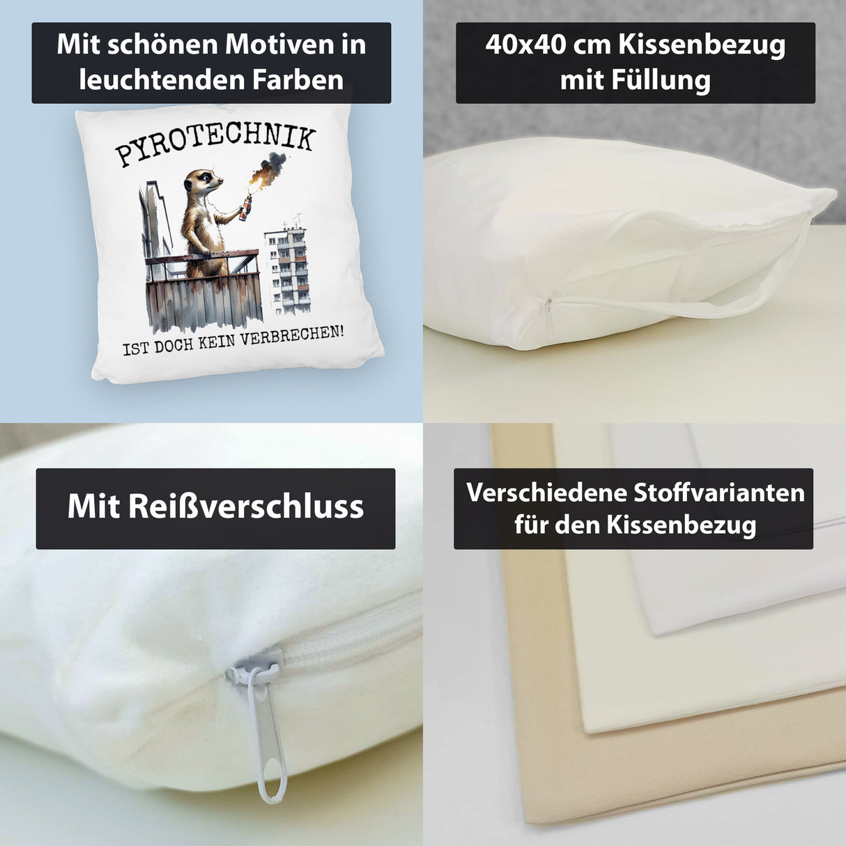 Balkon-Ultra Erdmännchen mit Pyrofackel Kissen mit Spruch Pyrotechnik ist doch kein Verbrechen