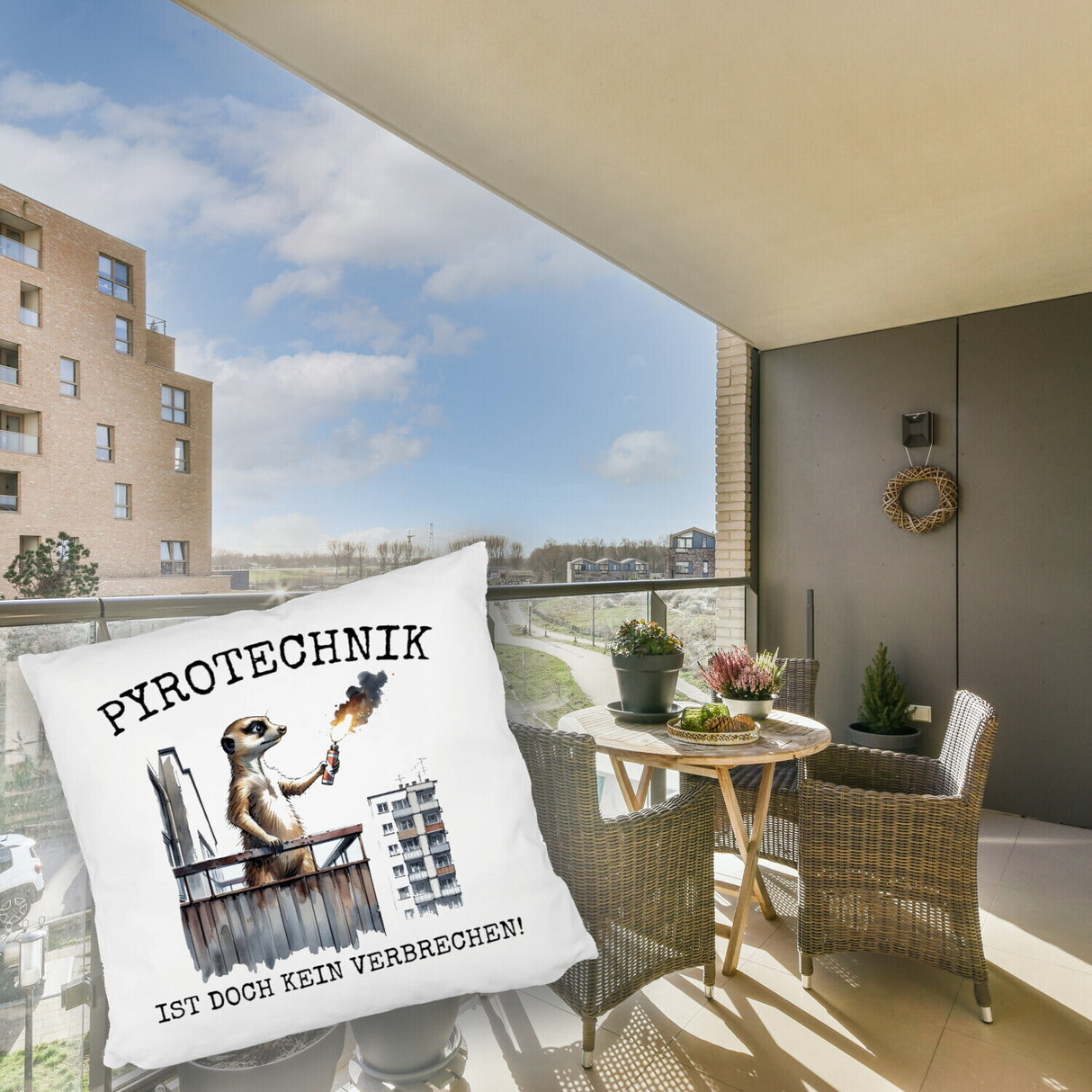 Balkon-Ultra Erdmännchen mit Pyrofackel Kissen mit Spruch Pyrotechnik ist doch kein Verbrechen