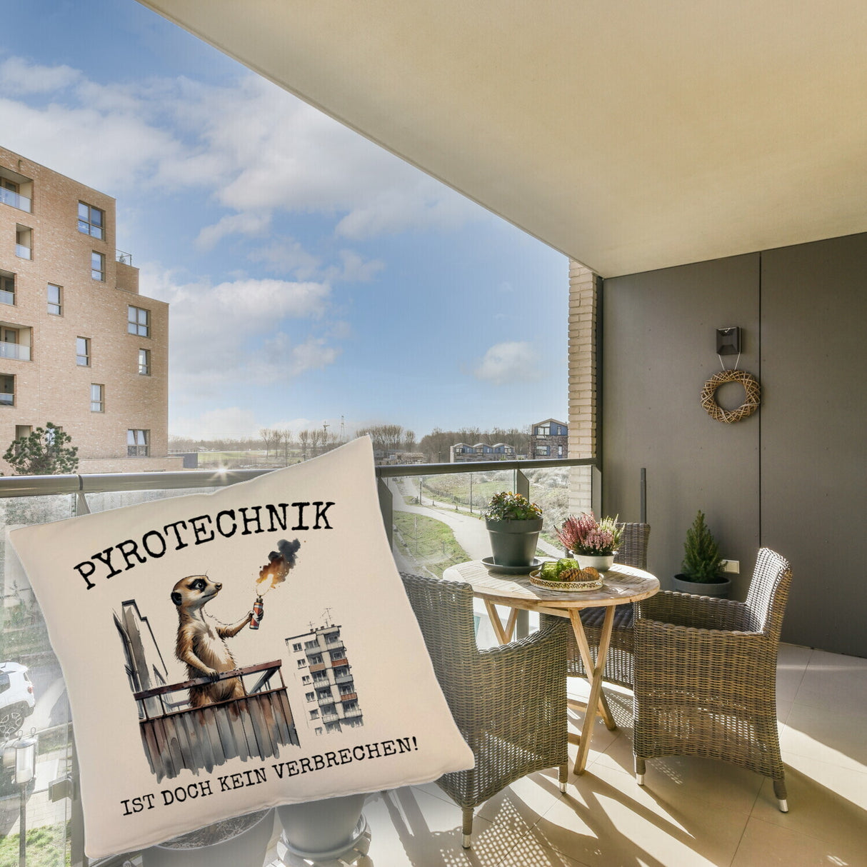 Balkon-Ultra Erdmännchen mit Pyrofackel Kissen mit Spruch Pyrotechnik ist doch kein Verbrechen