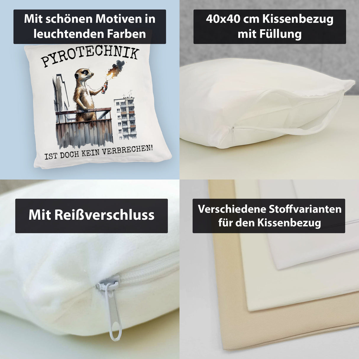 Balkon-Ultra Erdmännchen mit Pyrofackel Kissen mit Spruch Pyrotechnik ist doch kein Verbrechen