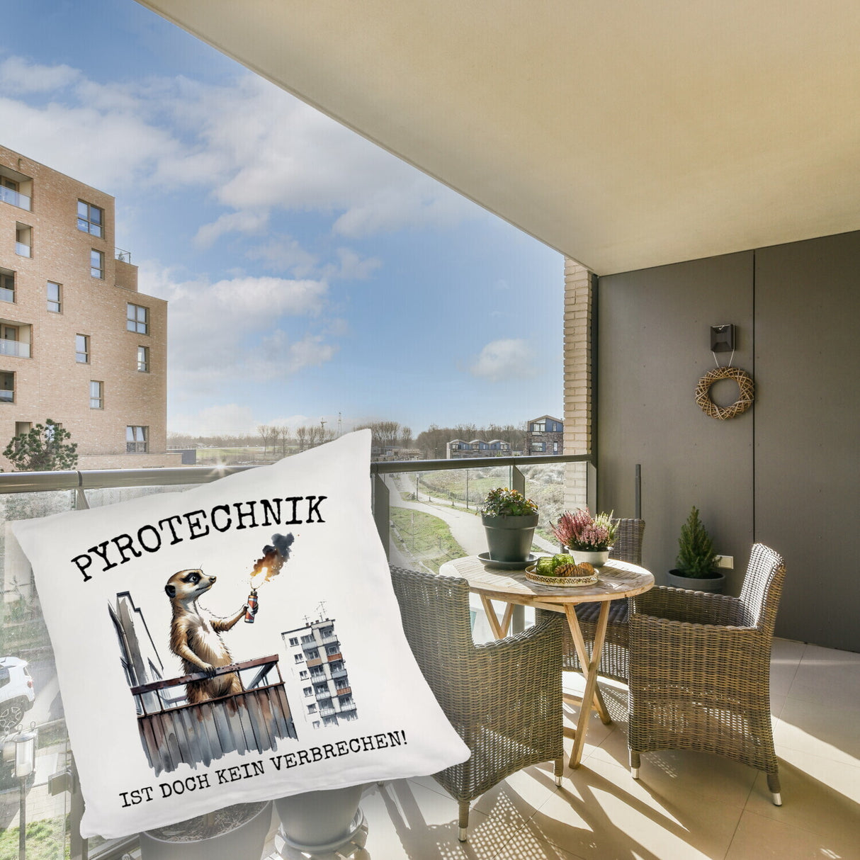 Balkon-Ultra Erdmännchen mit Pyrofackel Kissen mit Spruch Pyrotechnik ist doch kein Verbrechen