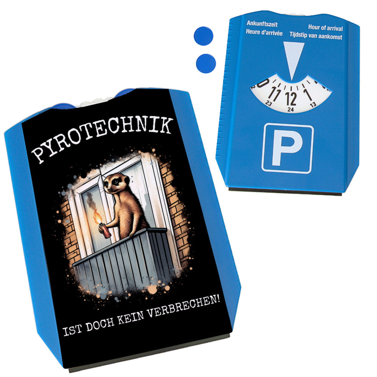 Balkon-Ultra Erdmännchen mit Pyrofackel Parkscheibe mit Spruch Pyrotechnik ist doch kein Verbrechen
