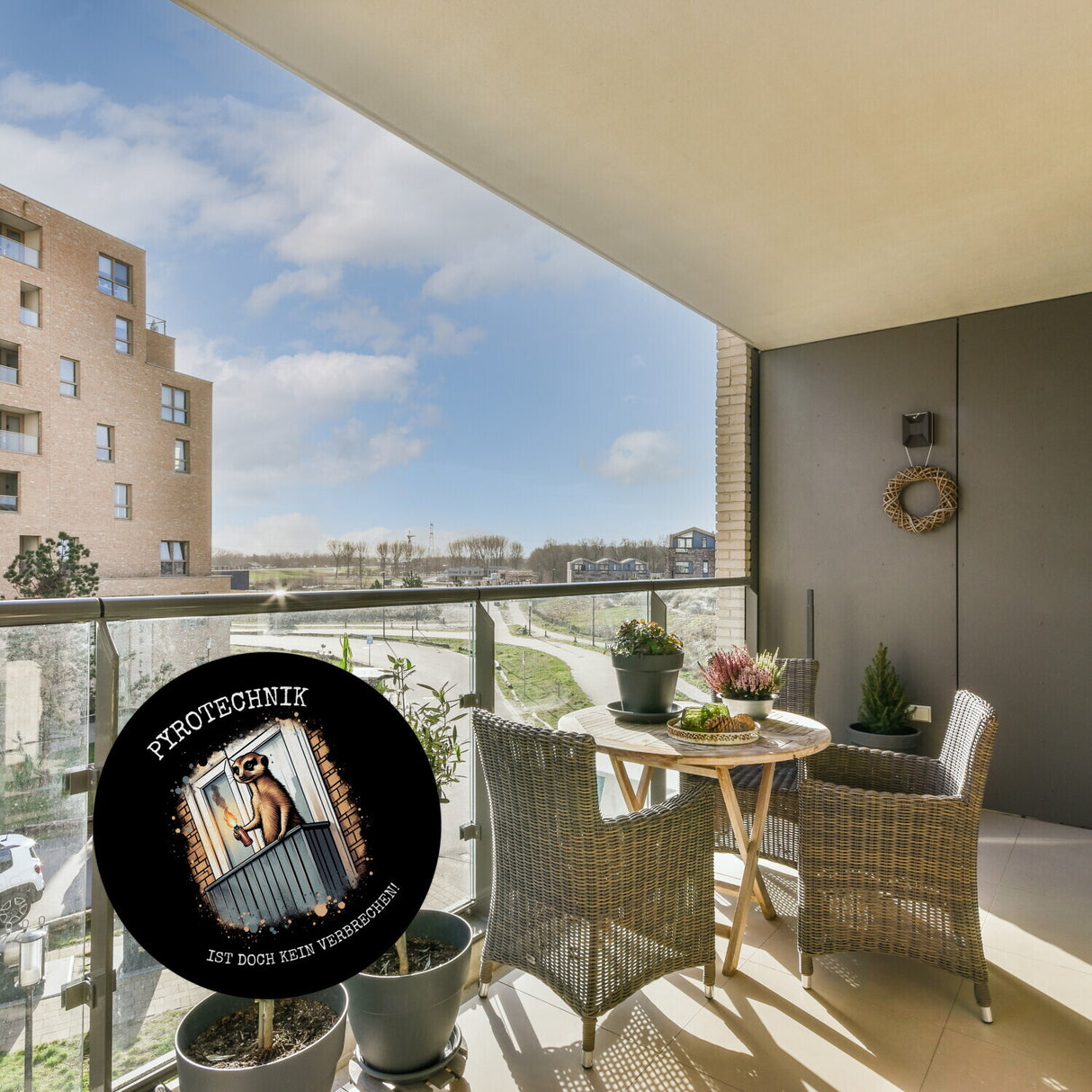Balkon-Ultra Erdmännchen mit Pyrofackel Magnet rund mit Spruch Pyrotechnik ist doch kein Verbrechen