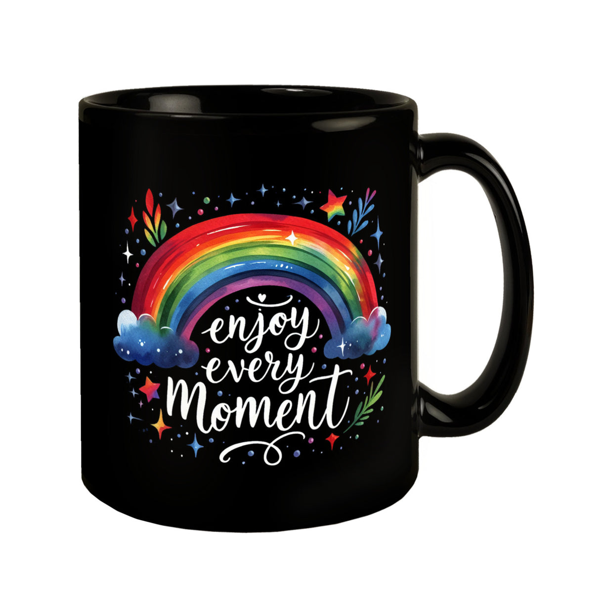 Regenbogen Tasse in Schwarz mit Spruch Enjoy every moment