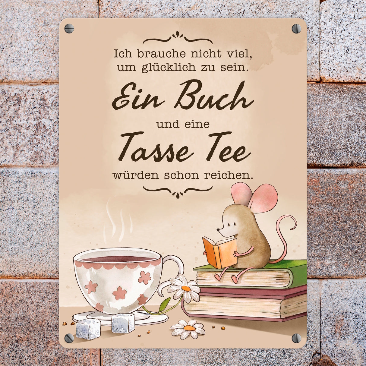 Maus mit Buch Metallschild in 15x20 cm mit Spruch Buch und Tee machen mich glücklich