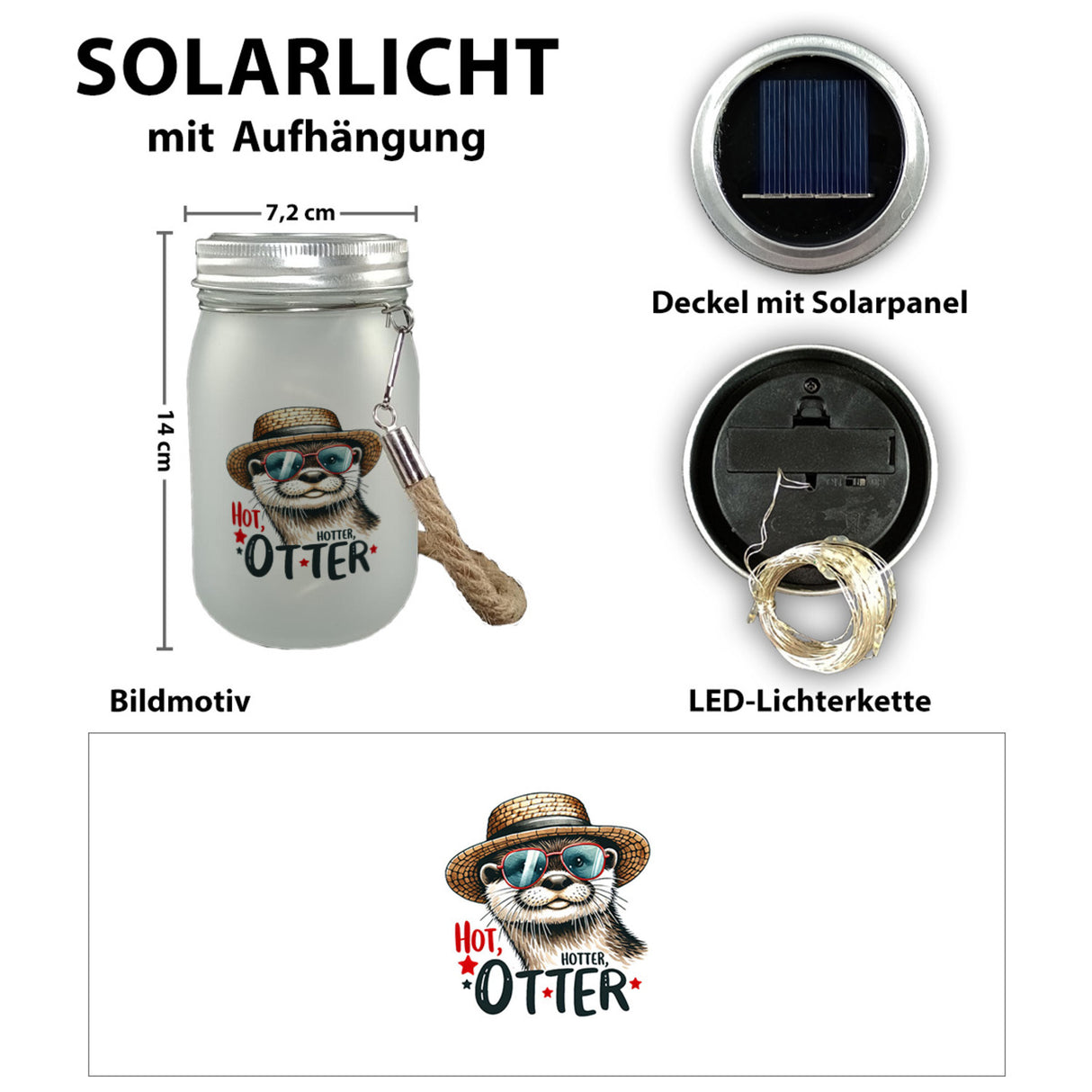 Otter mit Sonnenbrille und Strohhut Solarlicht mit Spruch Hot Hotter Otter