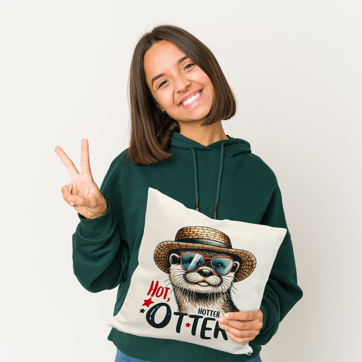 Otter mit Sonnenbrille und Strohhut Kissen mit Spruch Hot Hotter Otter