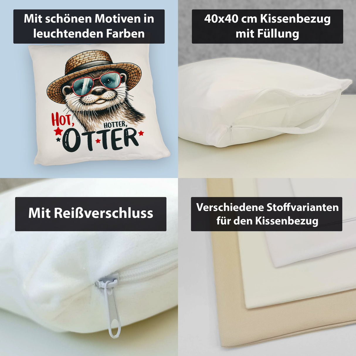 Otter mit Sonnenbrille und Strohhut Kissen mit Spruch Hot Hotter Otter