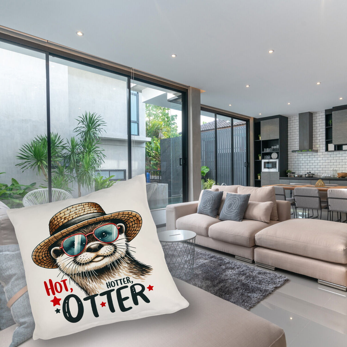 Otter mit Sonnenbrille und Strohhut Kissen mit Spruch Hot Hotter Otter