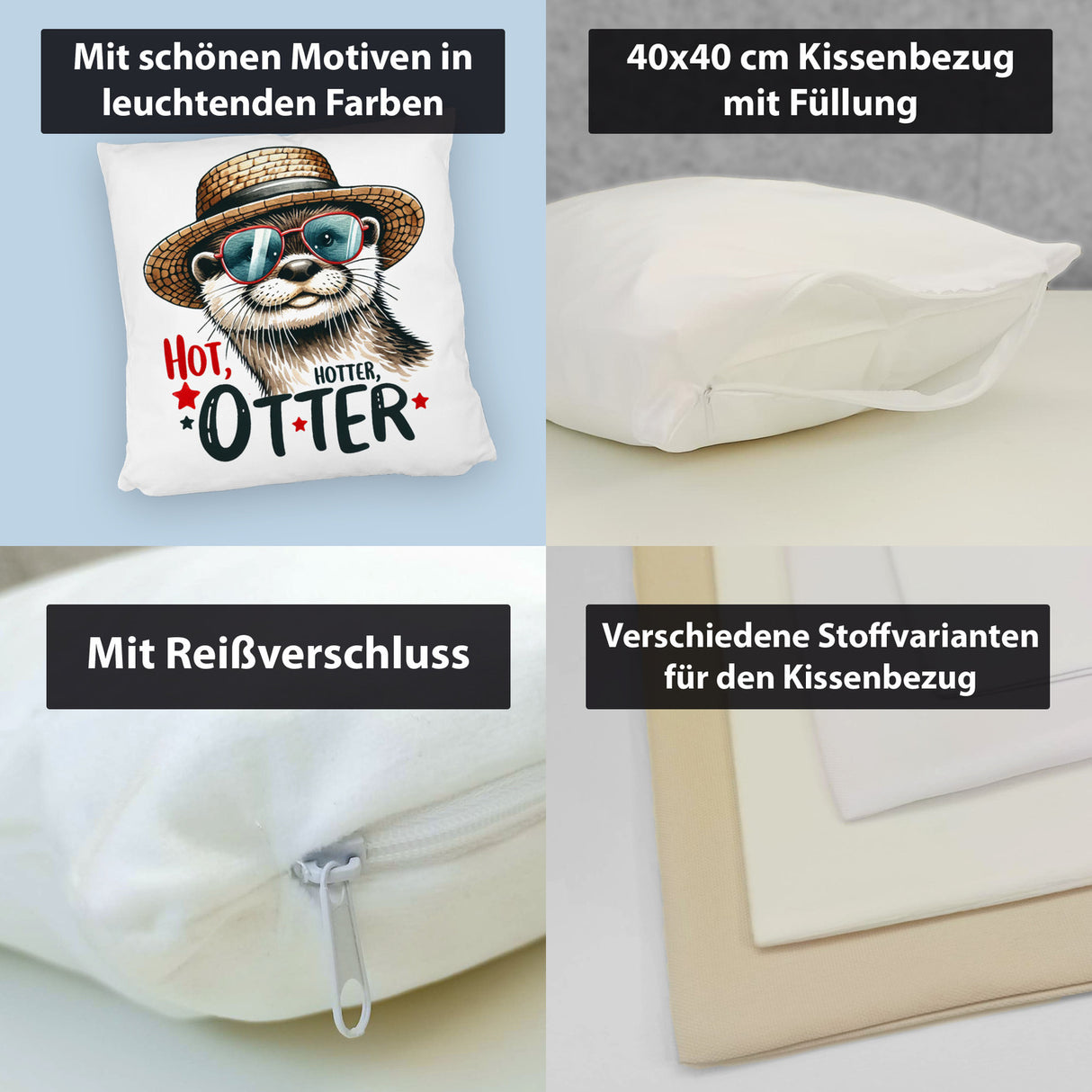Otter mit Sonnenbrille und Strohhut Kissen mit Spruch Hot Hotter Otter