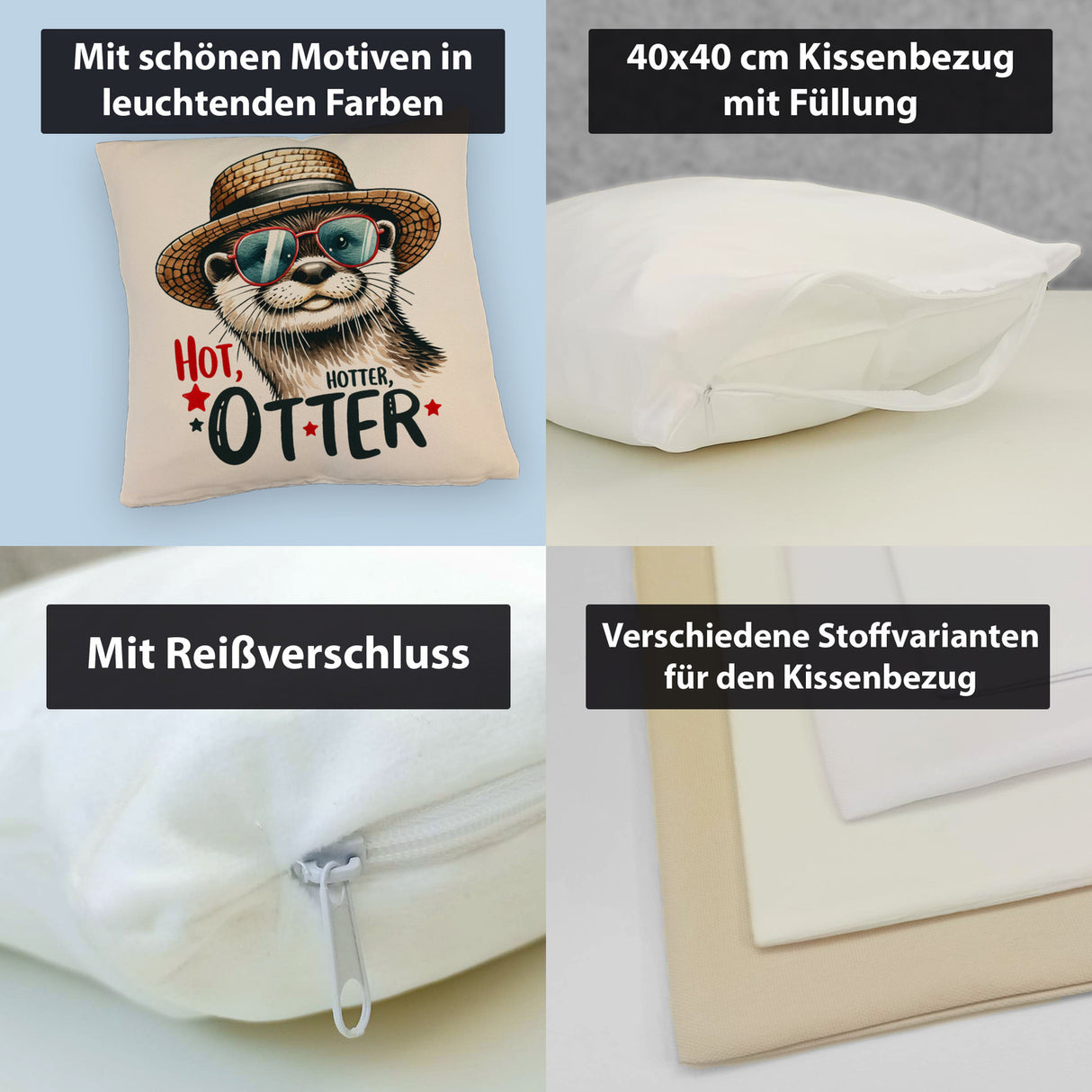 Otter mit Sonnenbrille und Strohhut Kissen mit Spruch Hot Hotter Otter