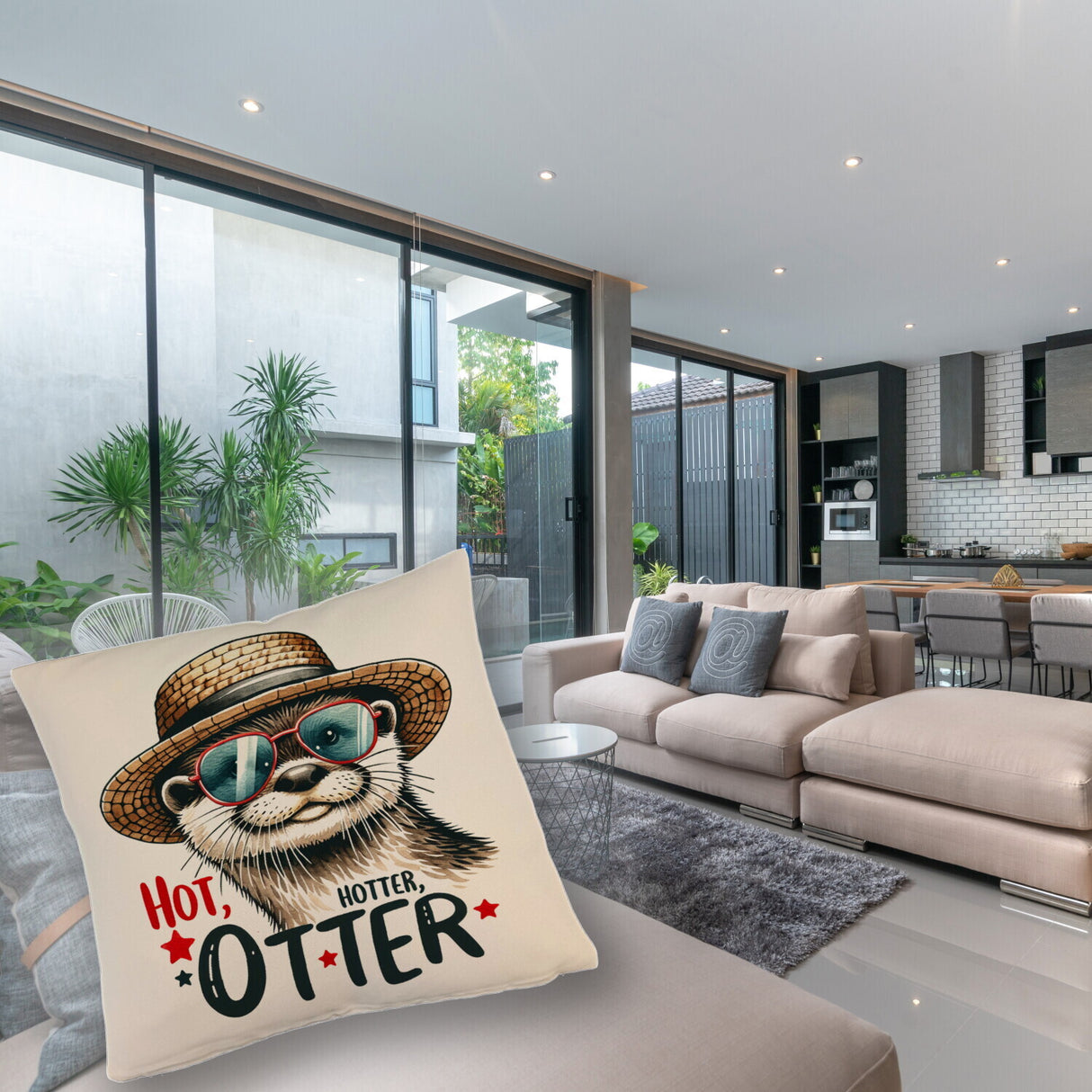Otter mit Sonnenbrille und Strohhut Kissen mit Spruch Hot Hotter Otter