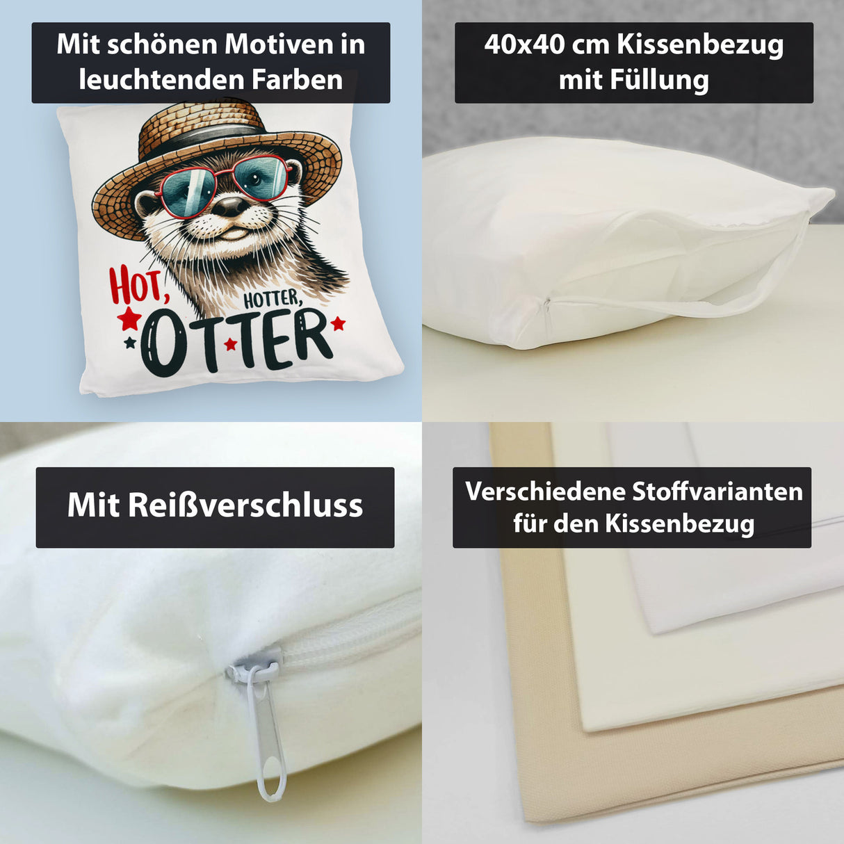 Otter mit Sonnenbrille und Strohhut Kissen mit Spruch Hot Hotter Otter