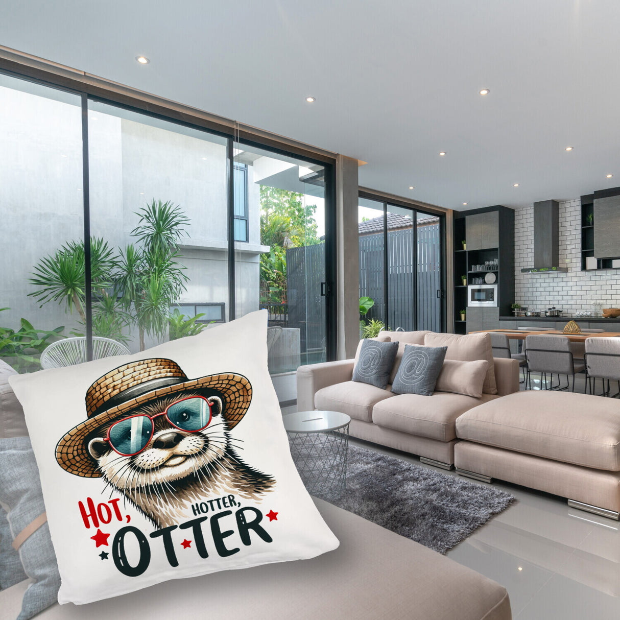 Otter mit Sonnenbrille und Strohhut Kissen mit Spruch Hot Hotter Otter