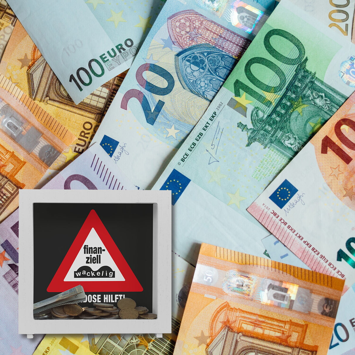 Straßenschild Spardose mit Spruch Finanziell wackelig - Spardose hilft!