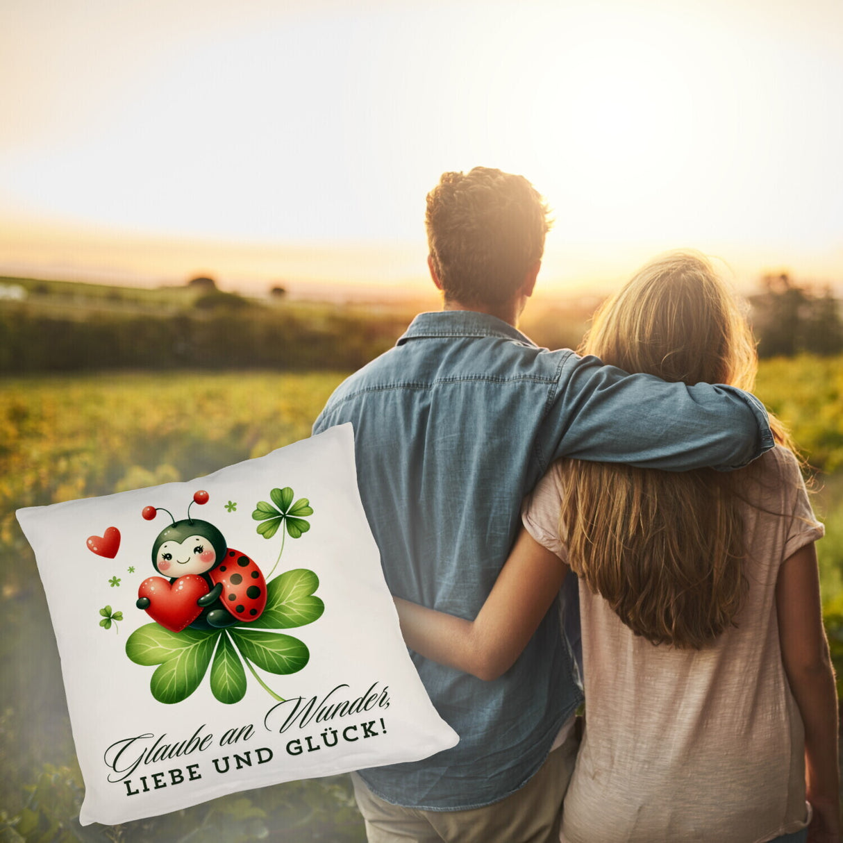Marienkäfer Kissen mit Spruch Glaube an Wunder, Liebe und Glück!