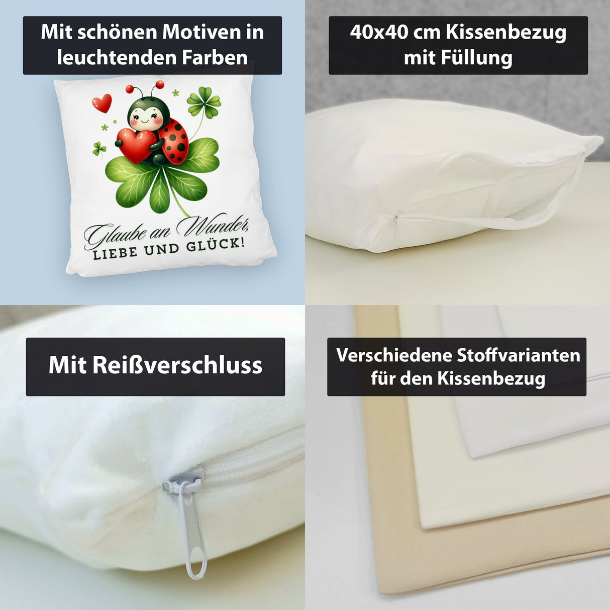 Marienkäfer Kissen mit Spruch Glaube an Wunder, Liebe und Glück!