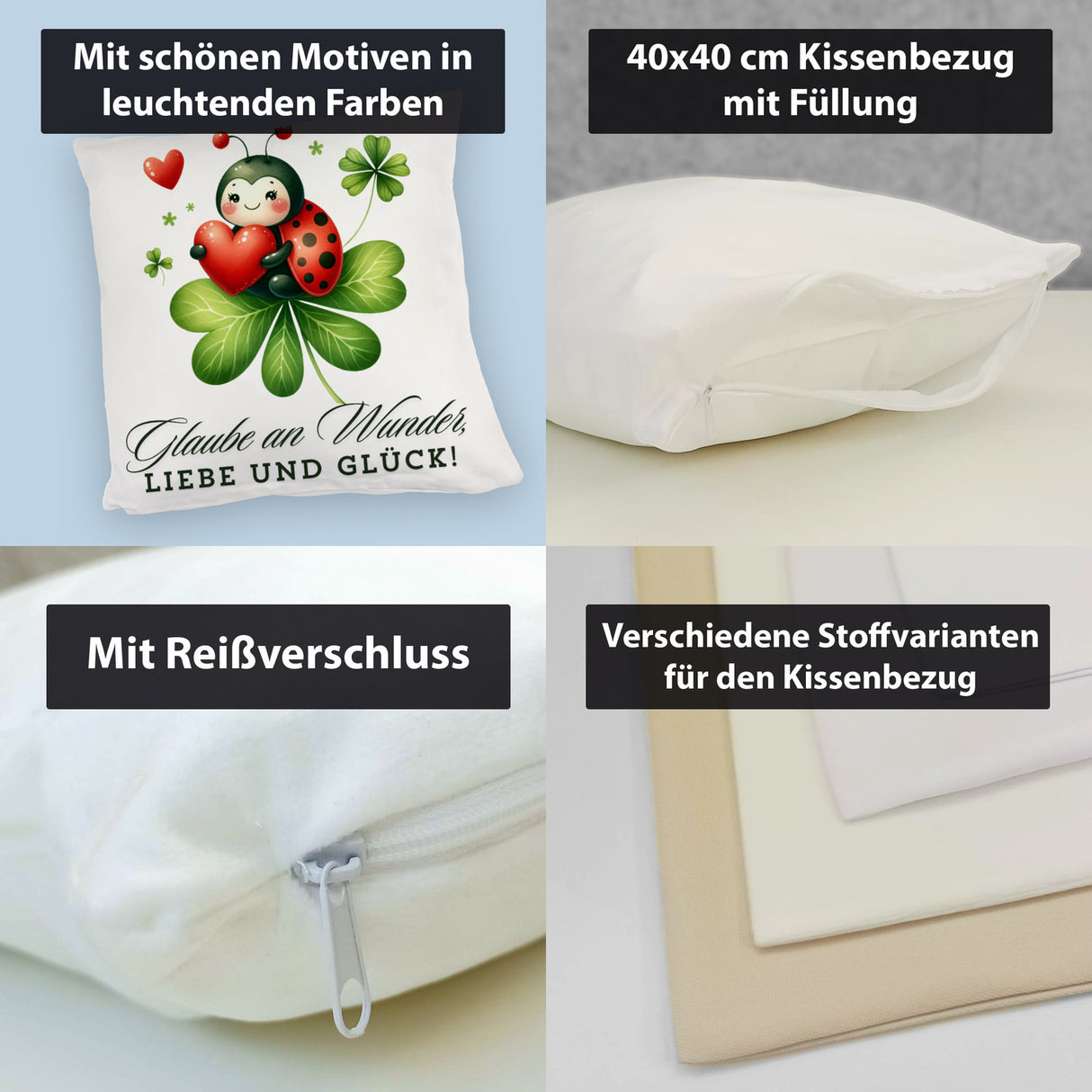 Marienkäfer Kissen mit Spruch Glaube an Wunder, Liebe und Glück!