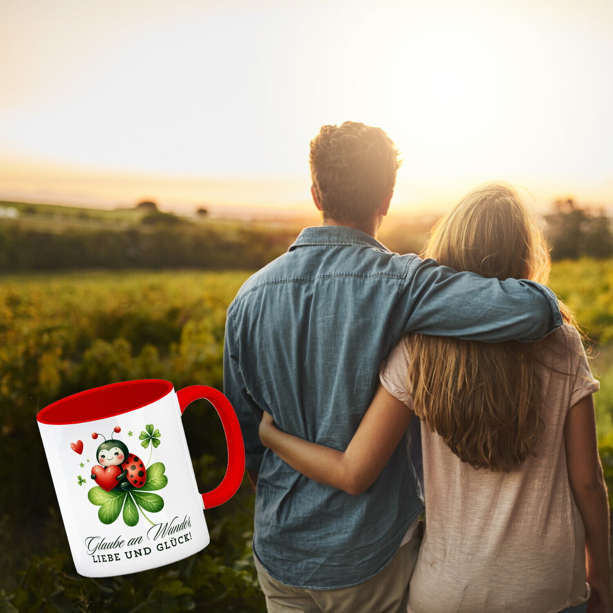 Marienkäfer Kaffeebecher mit Spruch Glaube an Wunder, Liebe und Glück!