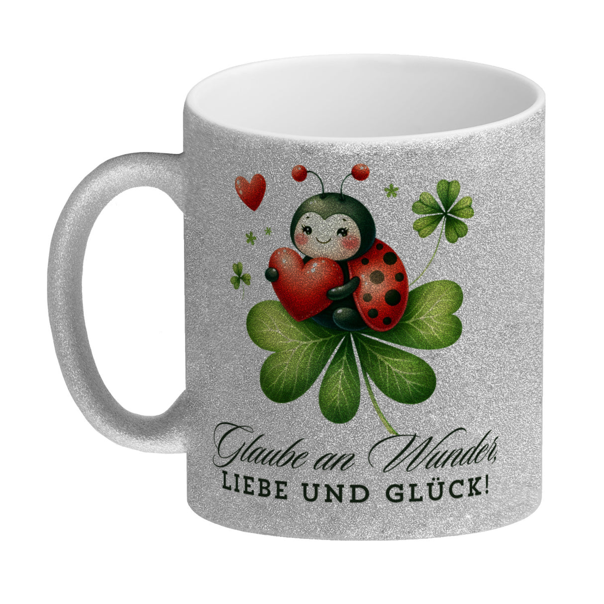 Marienkäfer Kaffeebecher mit Spruch Glaube an Wunder, Liebe und Glück!