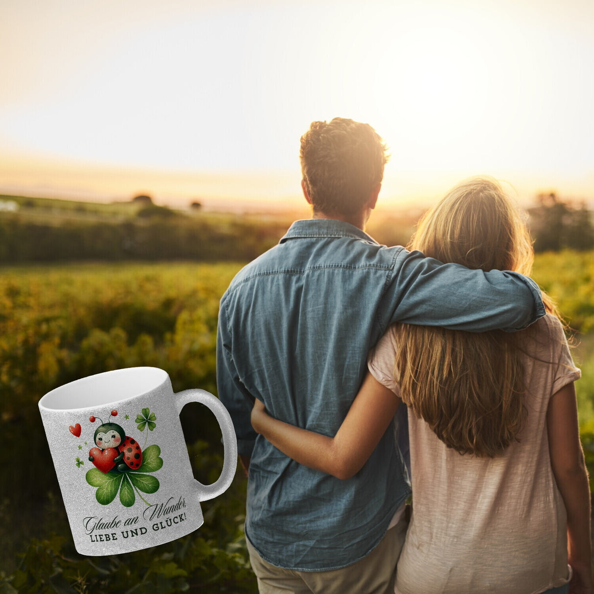Marienkäfer Kaffeebecher mit Spruch Glaube an Wunder, Liebe und Glück!