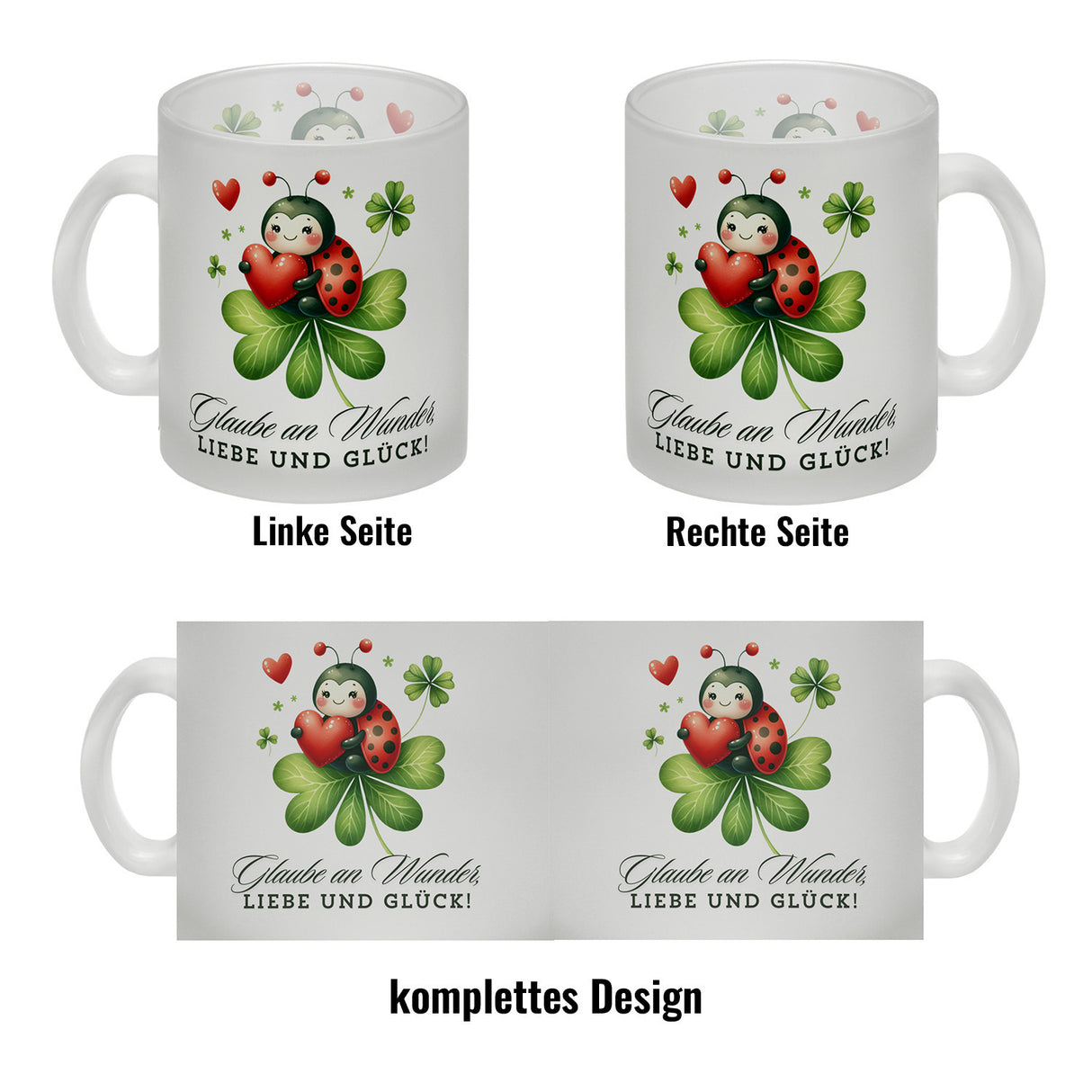 Marienkäfer Kaffeebecher mit Spruch Glaube an Wunder, Liebe und Glück!
