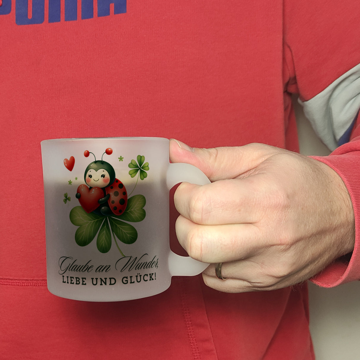 Marienkäfer Kaffeebecher mit Spruch Glaube an Wunder, Liebe und Glück!