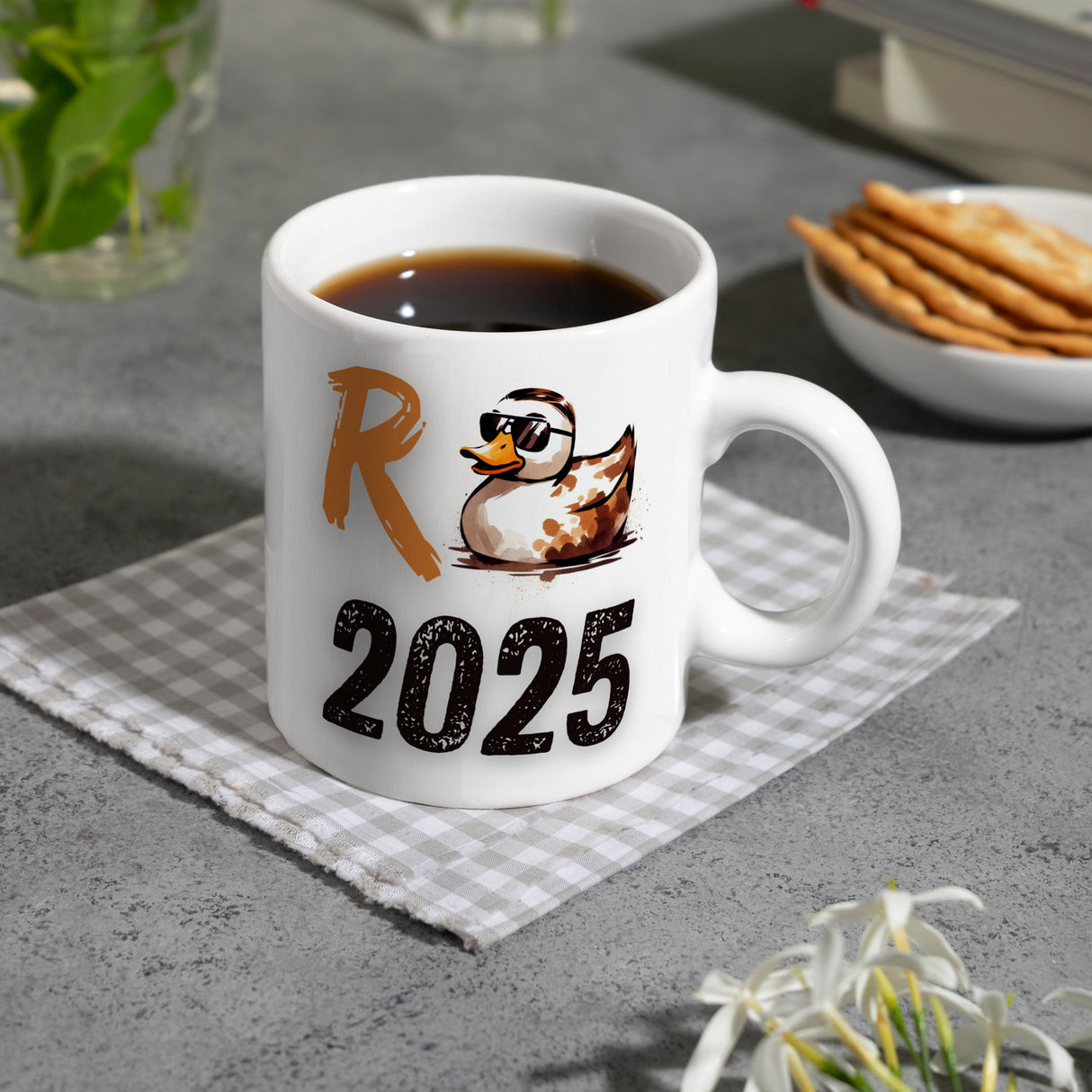 Ente mit Sonnenbrille Kaffeebecher mit Spruch Rente 2025