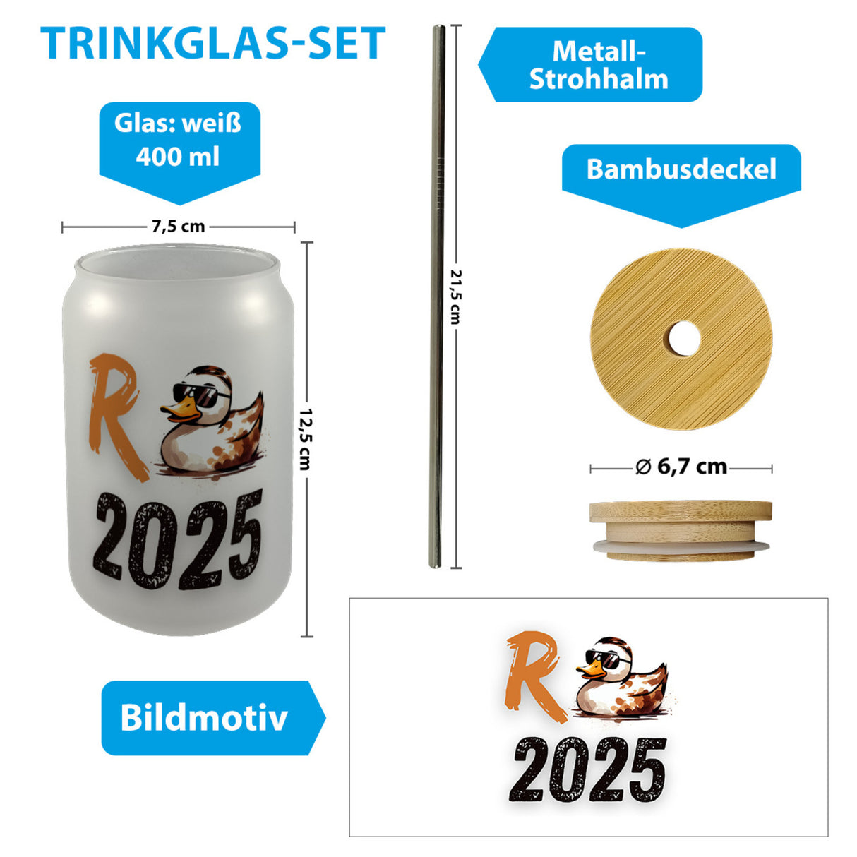 Ente mit Sonnenbrille Trinkglas mit Bambusdeckel mit Spruch Rente 2025