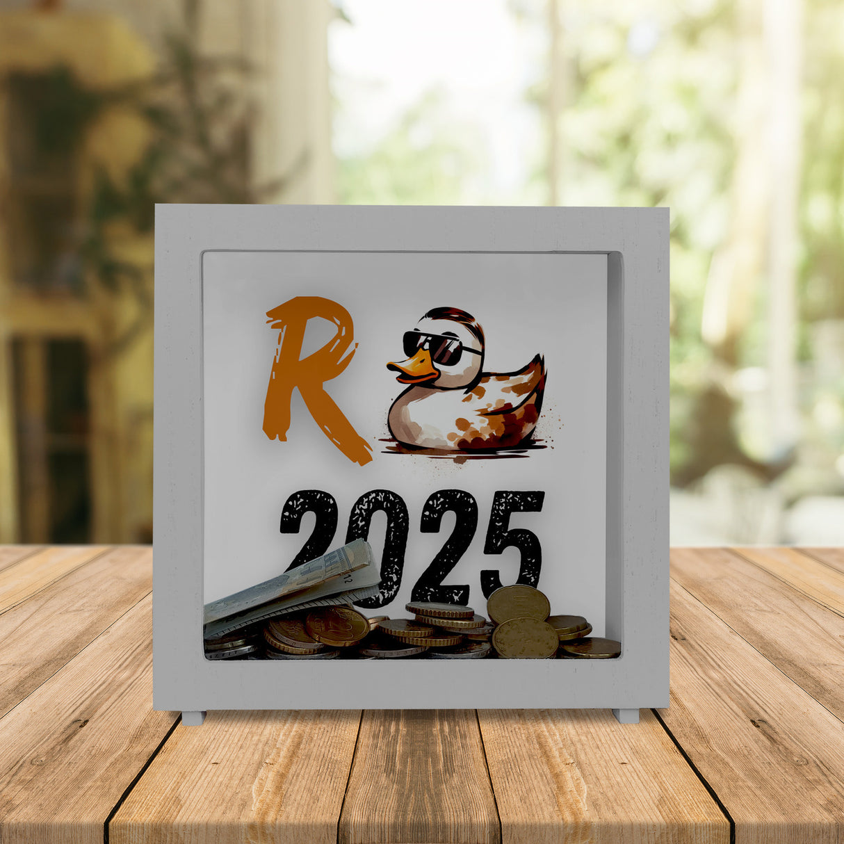 Ente mit Sonnenbrille Spardose mit Spruch Rente 2025