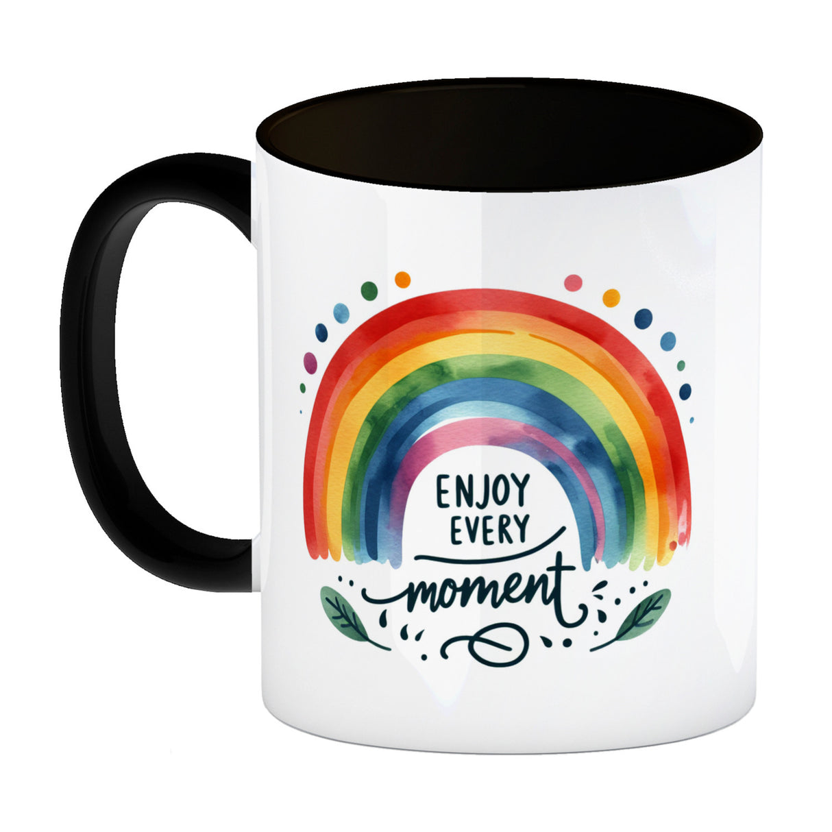 Regenbogen Kaffeebecher mit Spruch Enjoy every moment