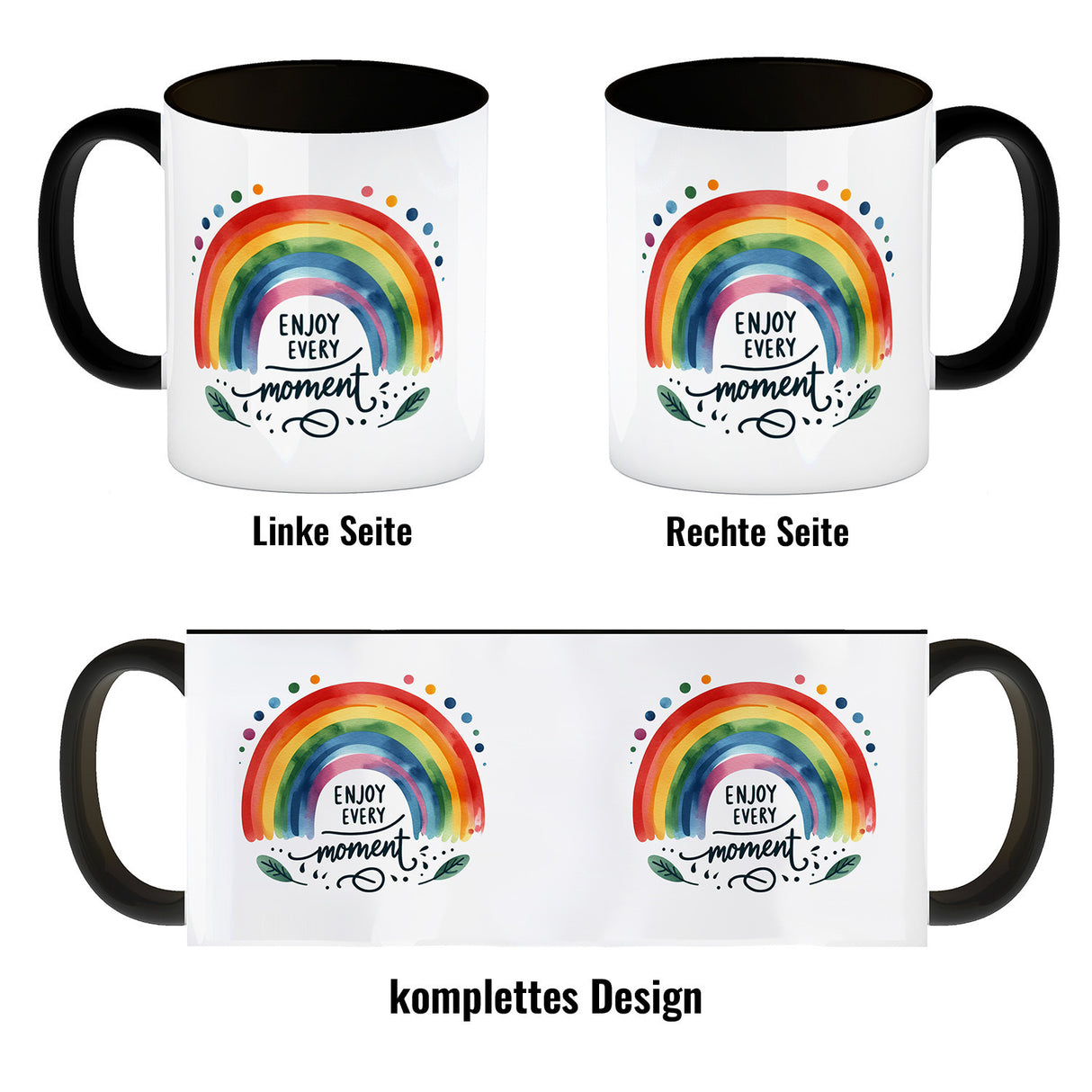 Regenbogen Kaffeebecher mit Spruch Enjoy every moment