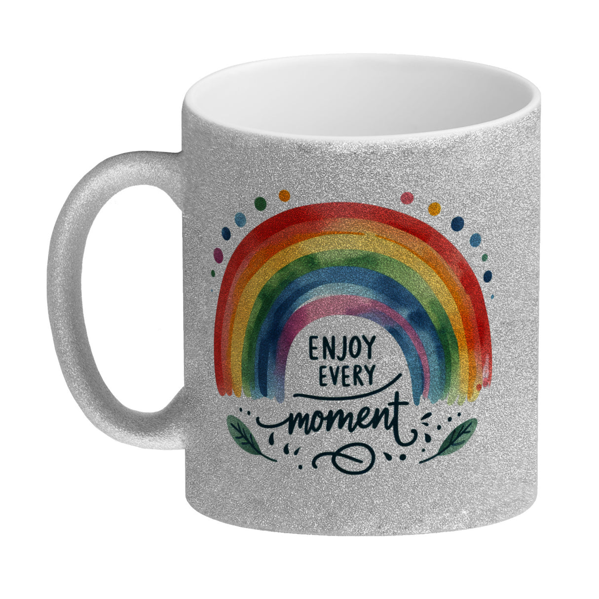Regenbogen Kaffeebecher mit Spruch Enjoy every moment