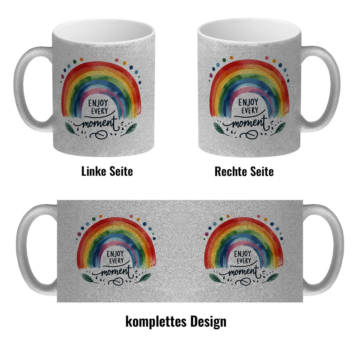 Regenbogen Kaffeebecher mit Spruch Enjoy every moment