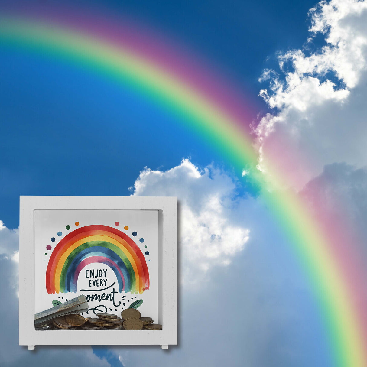 Regenbogen Spardose mit Spruch Enjoy every moment