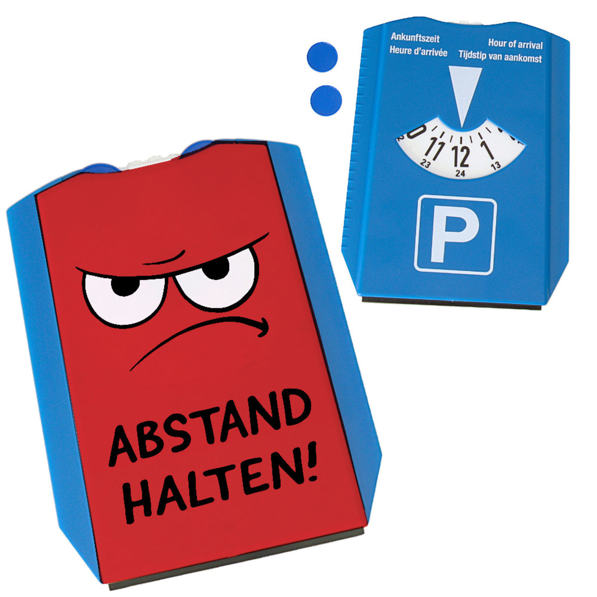 Wütendes Gesicht Parkscheibe mit Spruch Abstand halten