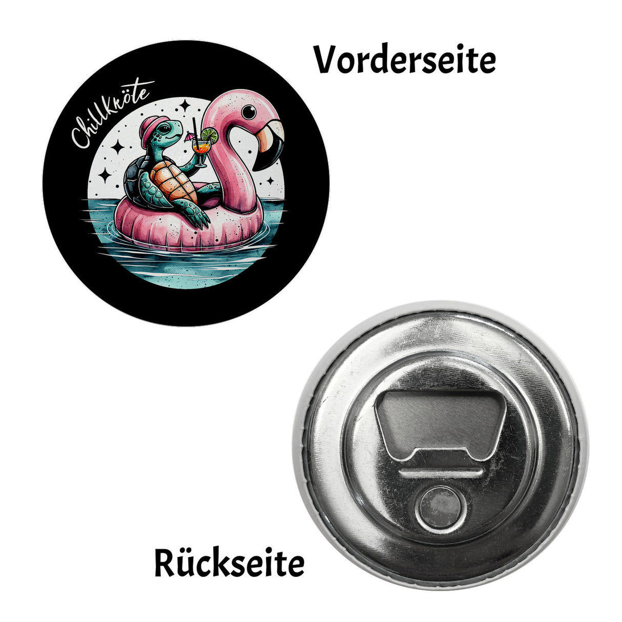 Schildkröte auf Flamingo-Schwimmring Magnet rund mit Spruch Chillkröte