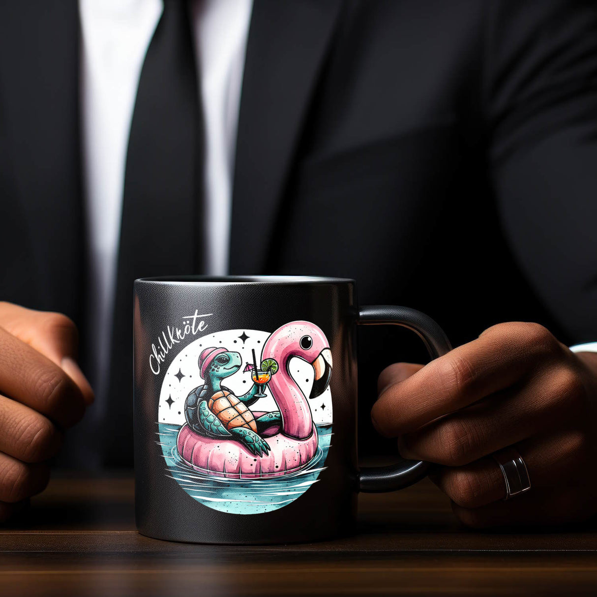 Schildkröte auf Flamingo-Schwimmring Tasse in Schwarz mit Spruch Chillkröte