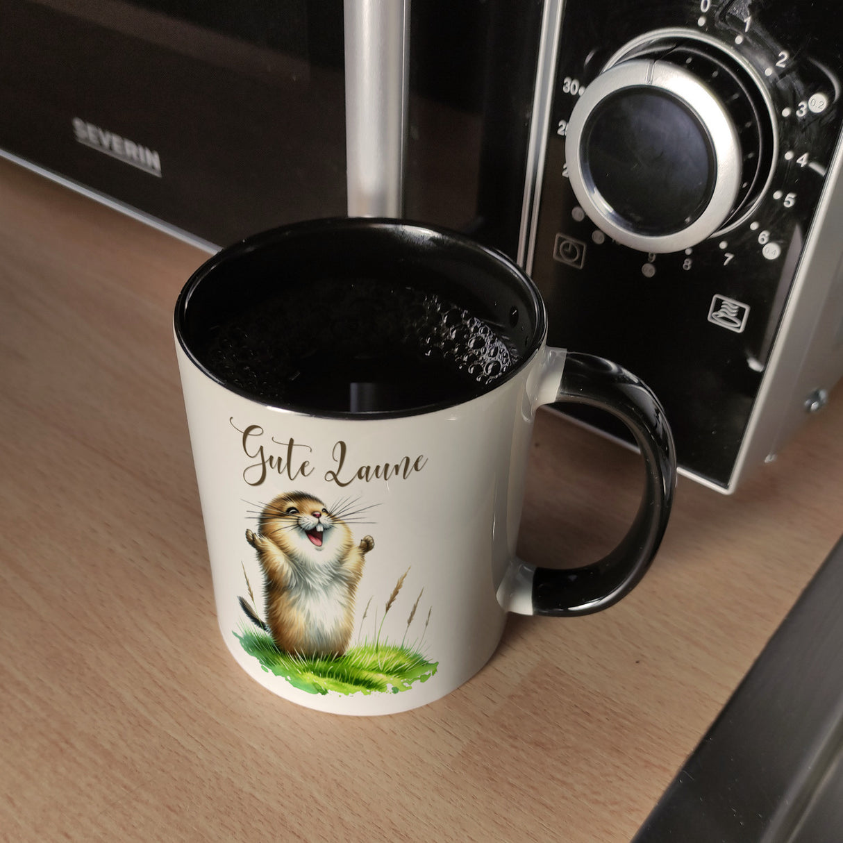 jubelnder Lemming Kaffeebecher mit Spruch Gute Laune