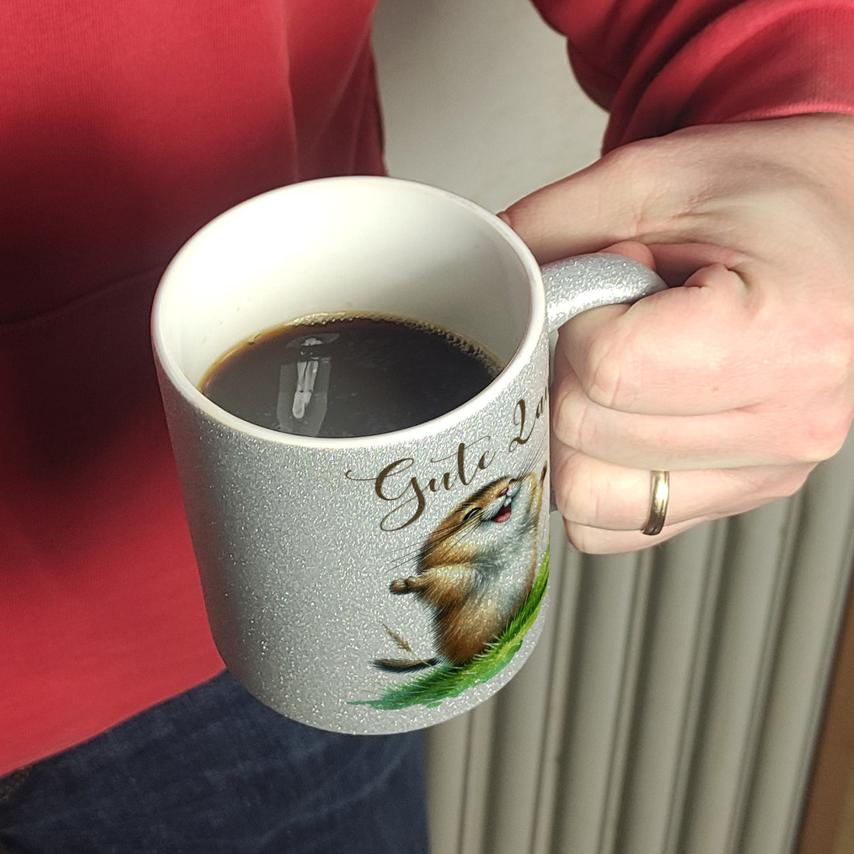 jubelnder Lemming Kaffeebecher mit Spruch Gute Laune