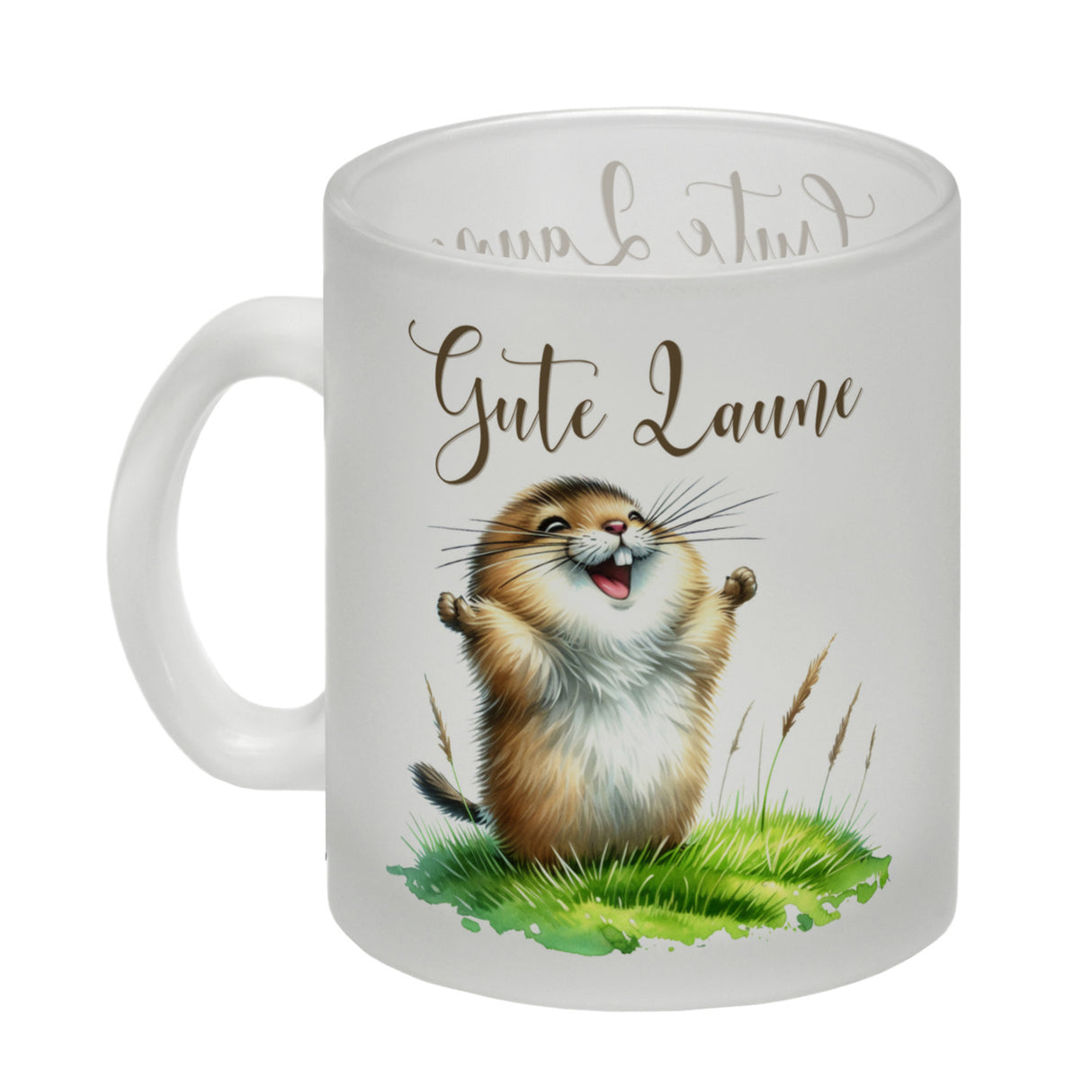 jubelnder Lemming Kaffeebecher mit Spruch Gute Laune