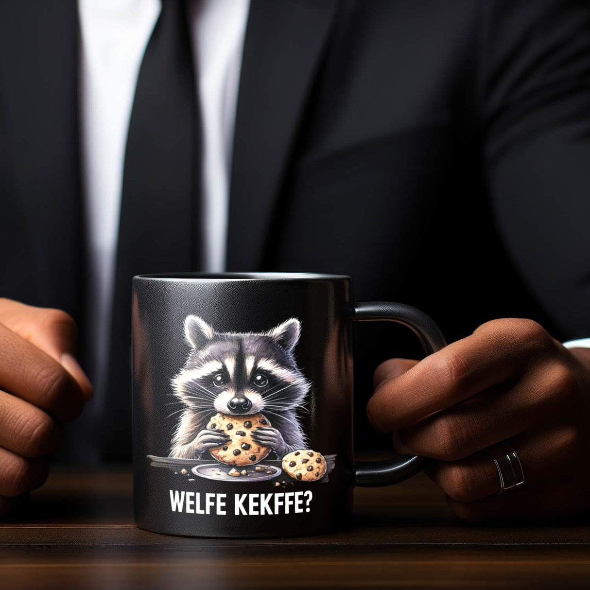 Verfressener Waschbär mit Keksen Tasse in Schwarz mit Spruch Welfe Kekffe?