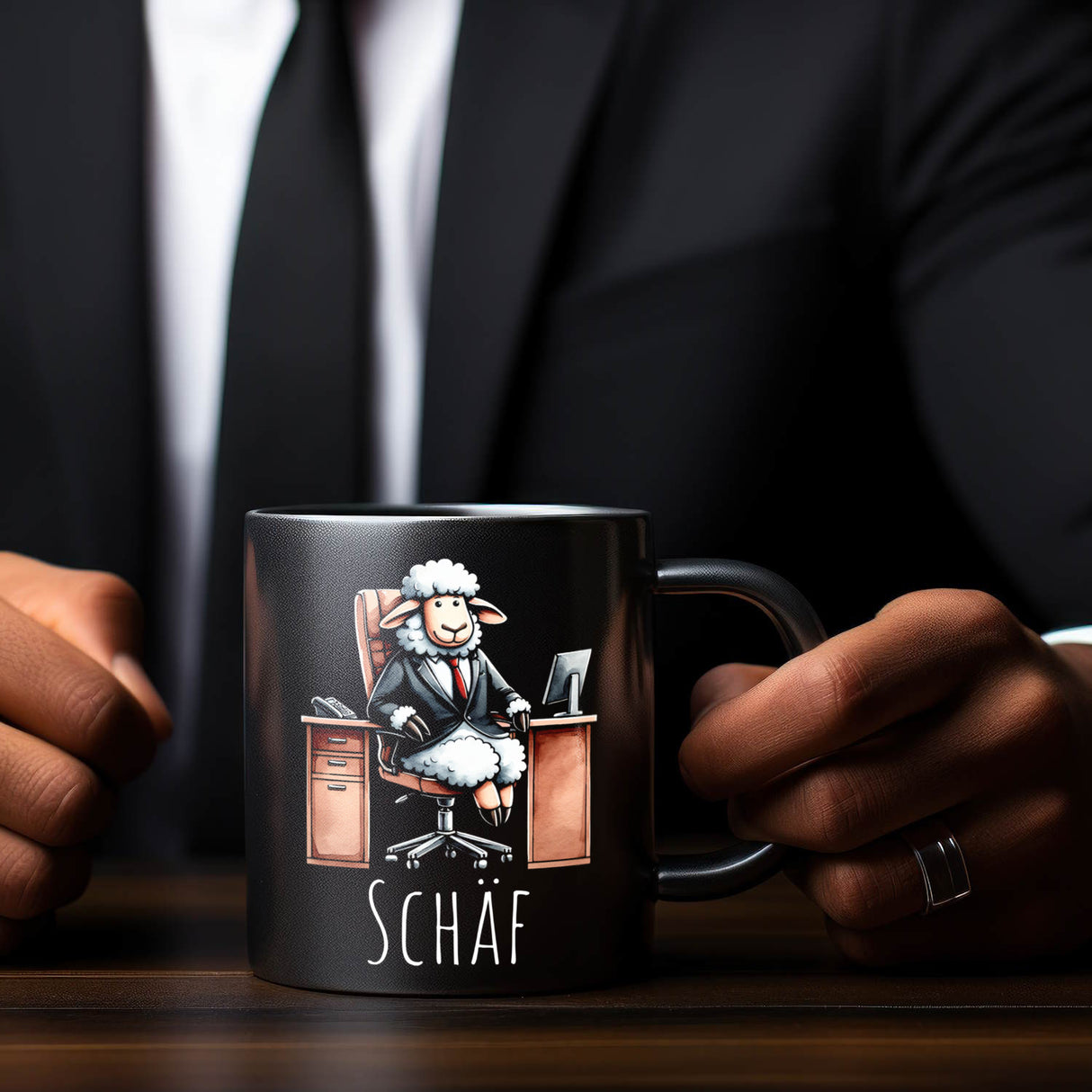 Schaf Chef im Chefsessel Tasse in Schwarz mit Spruch Schäf
