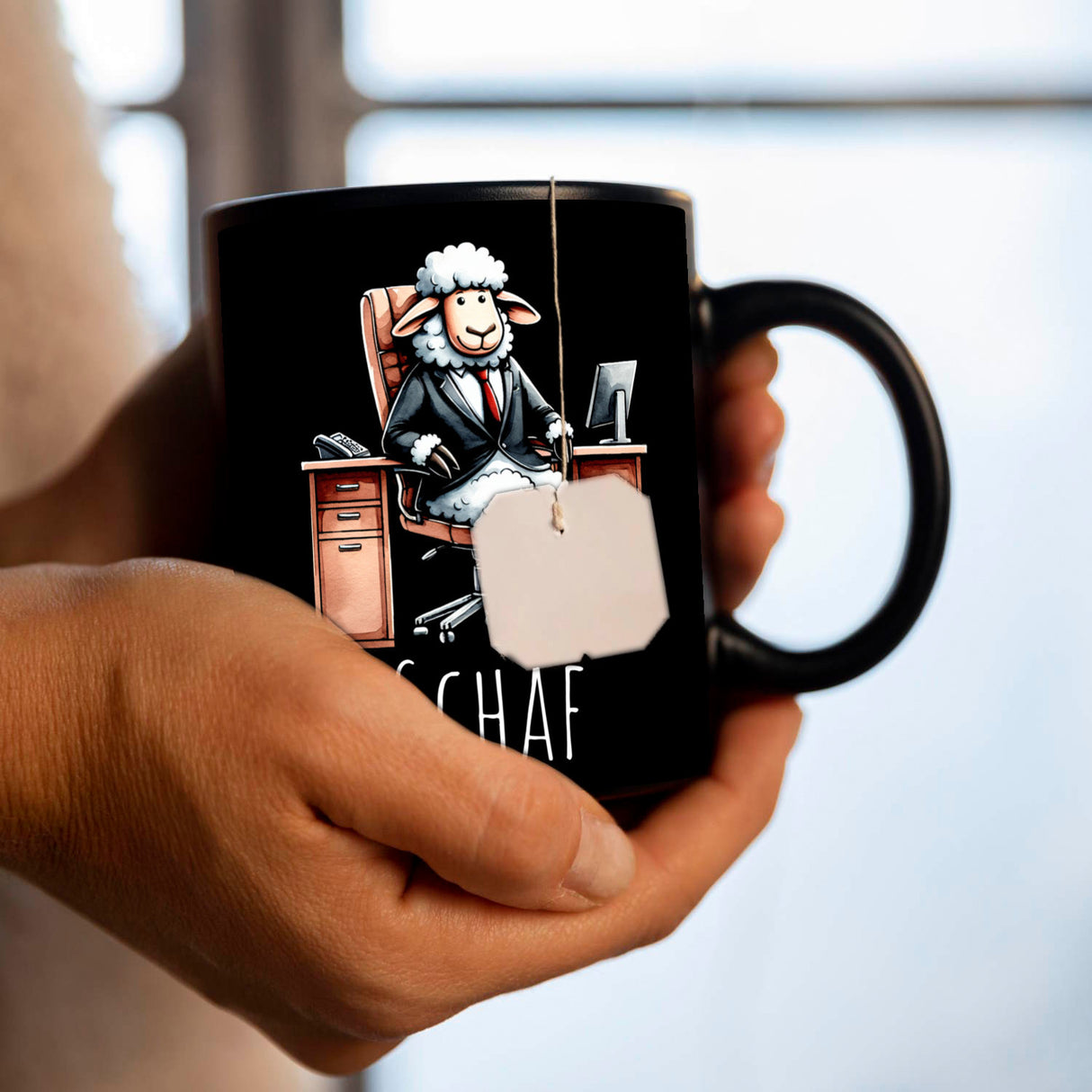 Schaf Chef im Chefsessel Tasse in Schwarz mit Spruch Schäf