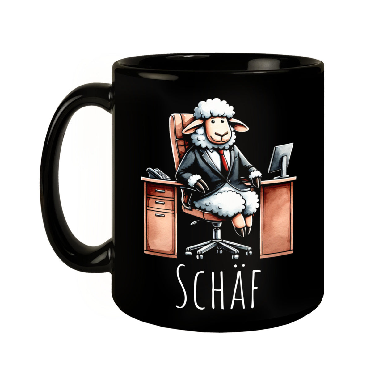 Schaf Chef im Chefsessel Tasse in Schwarz mit Spruch Schäf