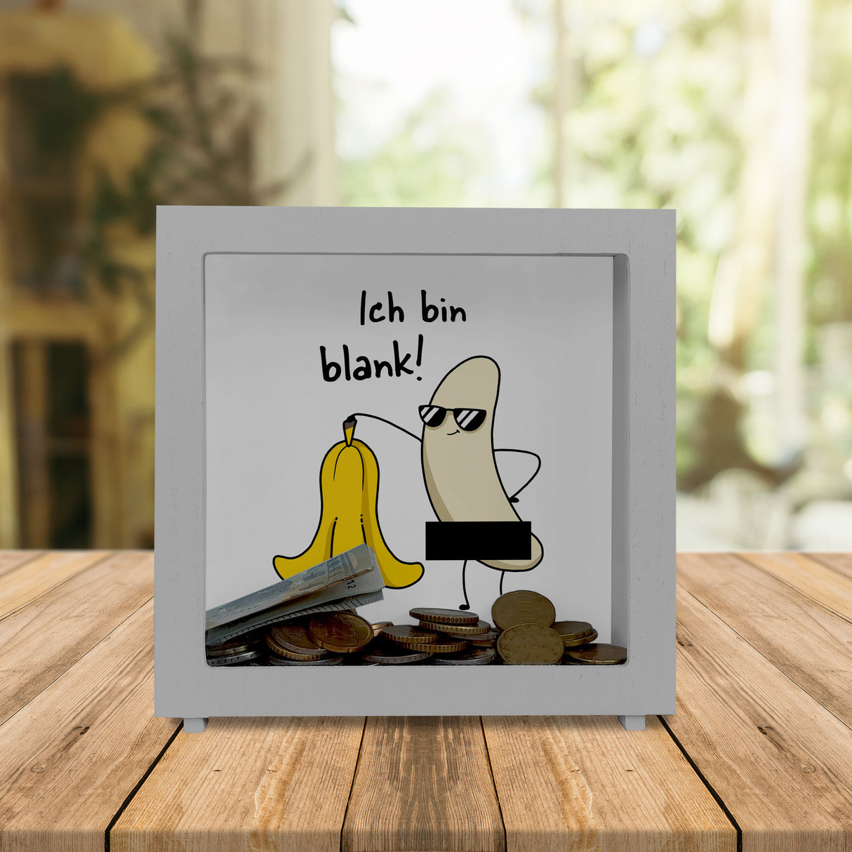 Nackte Banane Spardose mit Spruch Ich bin blank