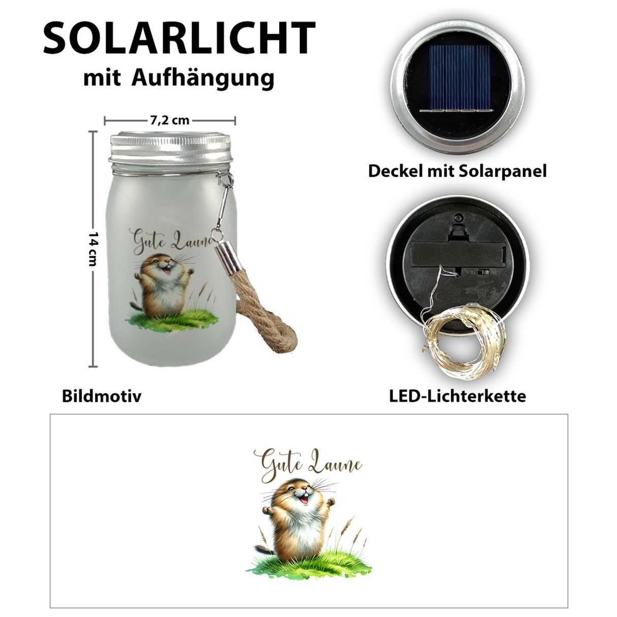 jubelnder Lemming Solarlicht mit Spruch Gute Laune